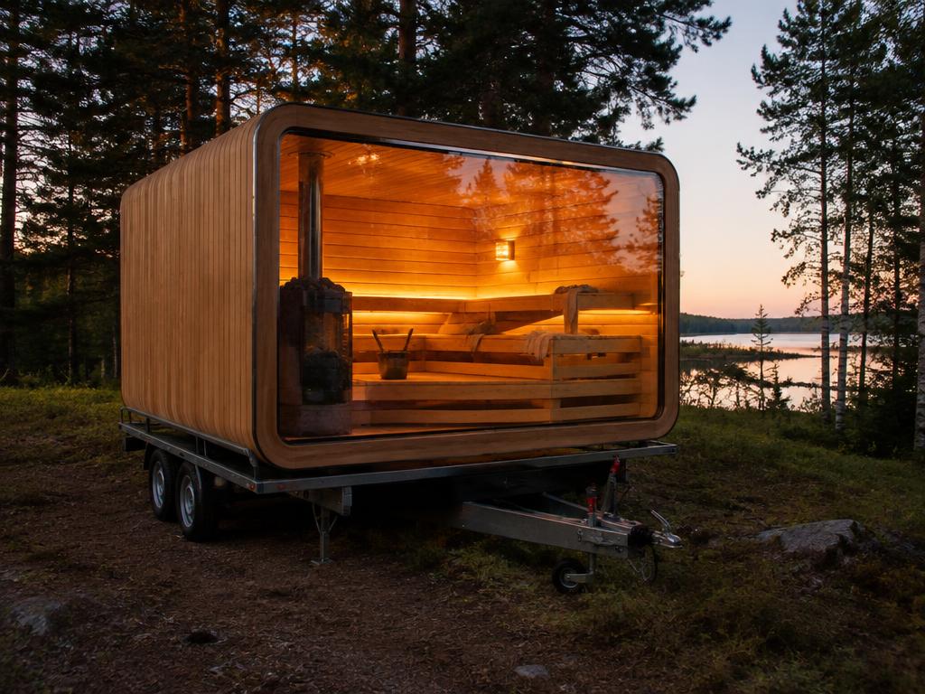Sauna-Kabine auf einem Anhänger